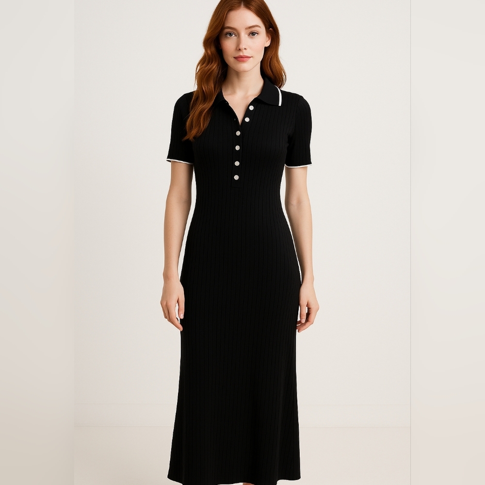 Merokeety Black Ribbed Knit Collared Button Front Dress Size XL Maxi NWT